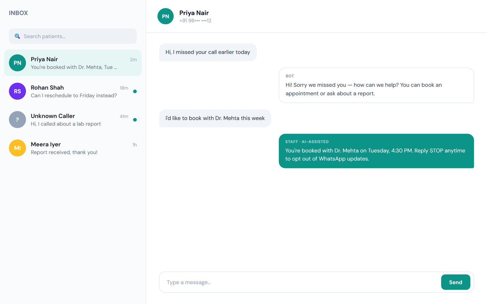 CareLoop CRM dashboard interface showing a unified inbox of patient WhatsApp conversations, with bot and AI-assisted staff replies