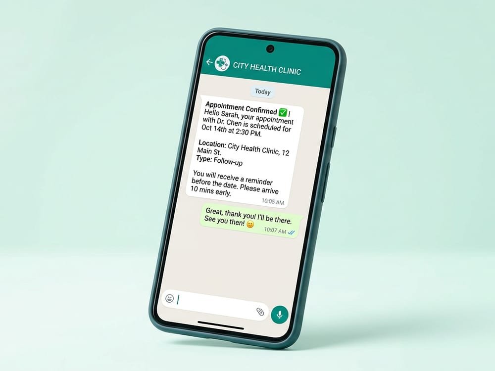 WhatsApp appointment confirmation message from a clinic to a patient